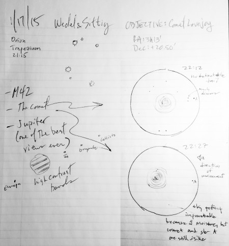 Our notes from January 17 - Steve's sketch of Jupiter and my sketches of the Trapezium and comet Lovejoy.